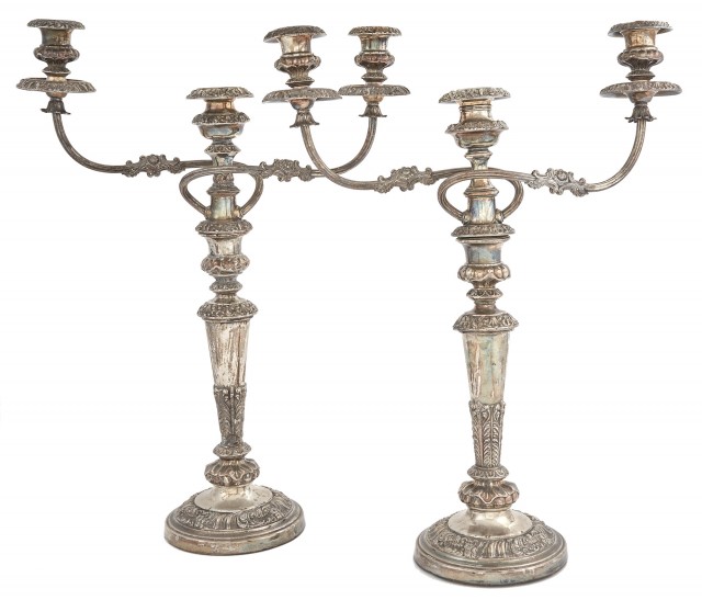 Pair of Regency Sheffield Plated Three-Light Candelabra