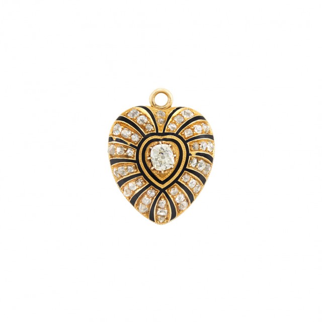 Antique Gold, Enamel and Diamond Heart Locket-Pendant