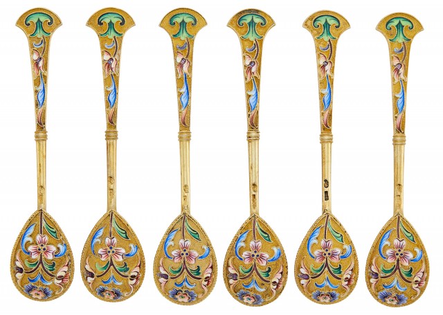 Set of Six Russian Silver-Gilt and Cloisonné Enamel Teaspoons