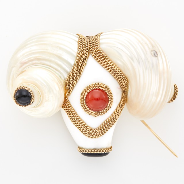 Naef Orfaley Gold, Shell, Black Onyx and Carnelian Ram's Head Clip-Brooch