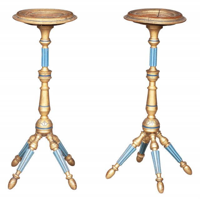 Pair of Aesthetic Movement Blue-Painted and Parcel-Gilt Stands