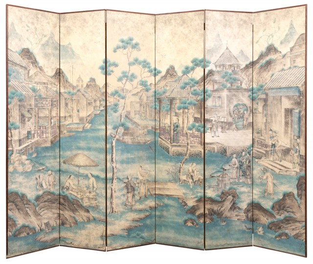 A Chinese-Style Printed Six-Panel Floor Screen