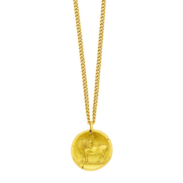 Van Cleef and Arpels Gold Taurus Zodiac Pendant, France, with Long Gold Chain Necklace