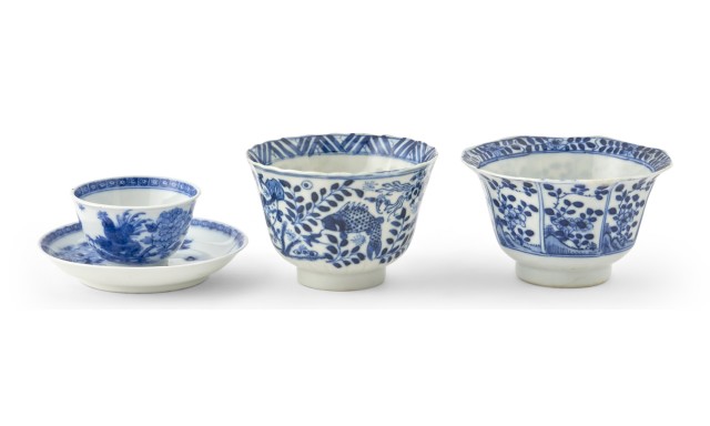 A Fine Chinese Blue and White Porcelain Cup and Saucer and Two Export Cups