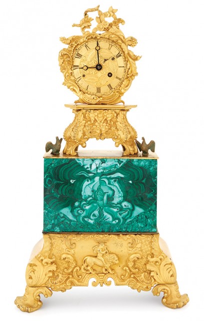 Continental Gilt-Bronze and Malachite Mantel Clock