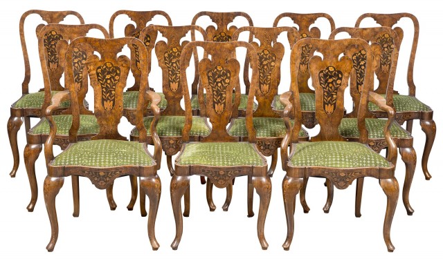 Set of Twelve Dutch Rococo Style Elm and Walnut Marquetry Dining Chairs
