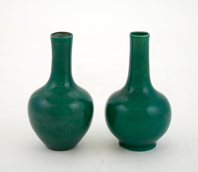 Associated Pair of Chinese Green-Glazed Porcelain Bottle Vases