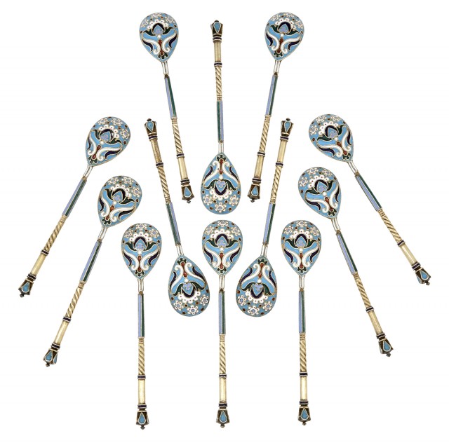 Set of Twelve Russian Silver-Gilt and Cloisonné Enamel Teaspoons