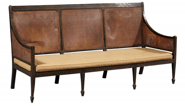 George III Black-Painted and Parcel-Gilt Caned Settee