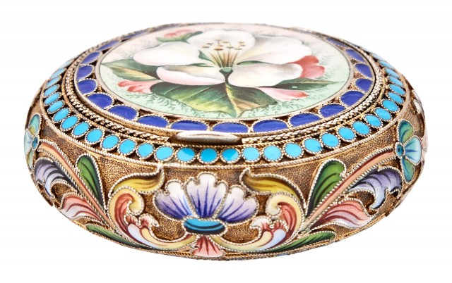 Russian Silver-Gilt En Plein and Cloisonné Enamel Pill Box