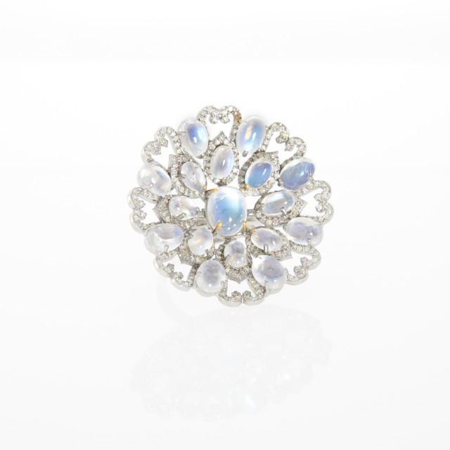Silver, Moonstone and Diamond Flower Ring