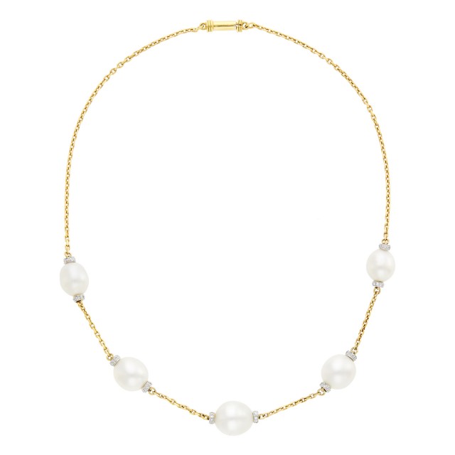 David Webb Gold, Platinum, South Sea Cultured Pearl and Diamond Chain Necklace