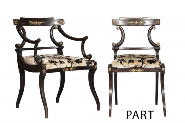 Set of Eight Regency Style Gilt Metal Mounted Stained Wood Dining Chairs