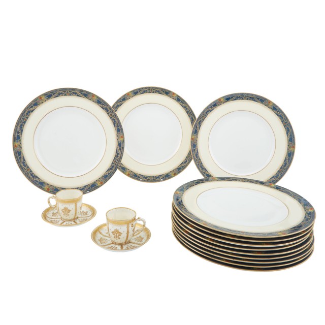 Set of Twelve Royal Worcester Porcelain Dinner Plates; Together with Two Mintons Porcelain Demitasse Cups and Saucers