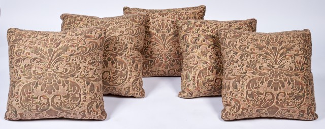 Group of Five Square Pillows in Fortuny Fabric