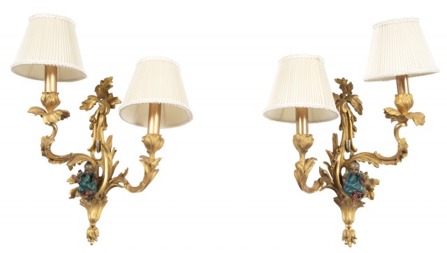 Pair of Louis XV Style Gilt-Bronze Two-Branch Wall Lights