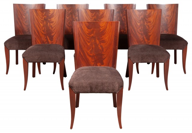 Set of Eight Custom Upholstered Flame Mahogany Dining Side Chairs