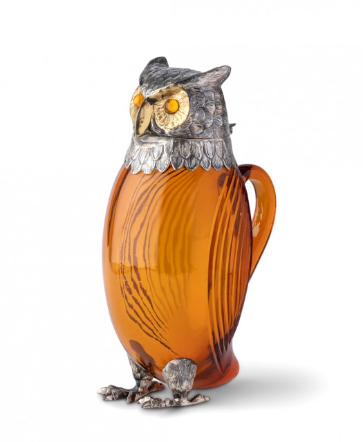 Novelty Silver Plate Mounted Amber Glass Owl Form Decanter