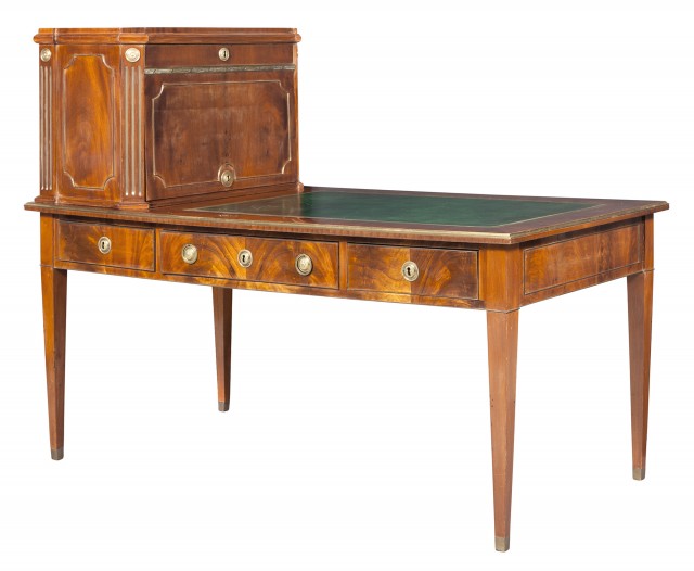 Baltic Neoclassical Gilt-Metal Mounted Mahogany Bureau Plat and Cartonnier