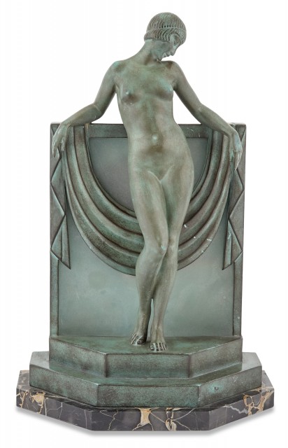 Fayral (Pierre Le Faguays) Art Deco Style Green Patinated Metal and Glass Figural Lamp