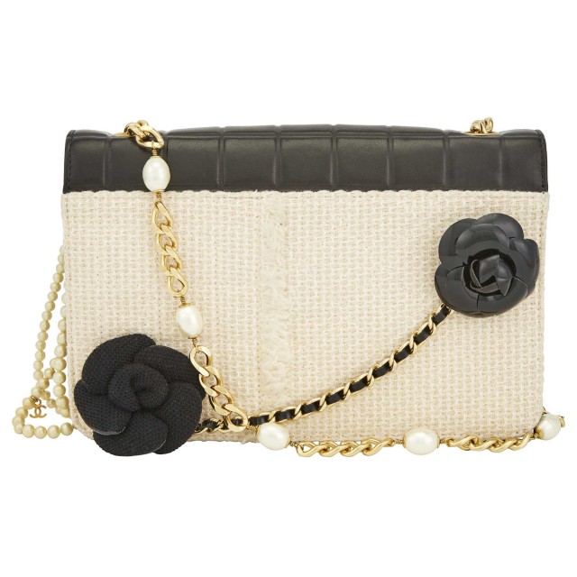 Chanel Black Quilted Leather and Tweed Camellia Flower Flap Bag