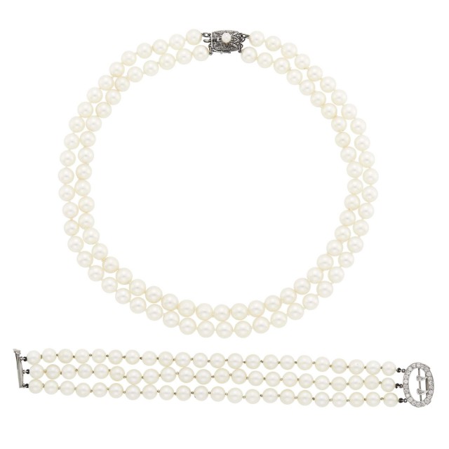 Triple Strand Cultured Pearl Bracelet with White Gold and Diamond Clasp and Mikimoto Necklace with Silver Clasp