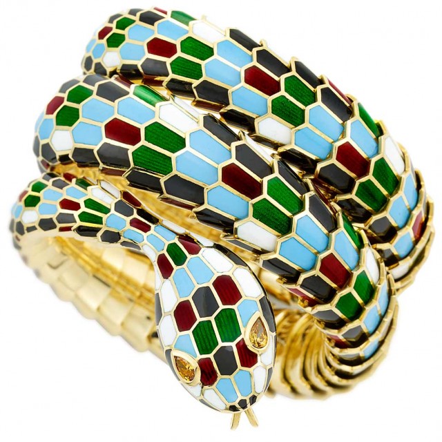 Gold, Enamel and Brown Diamond Snake Bracelet