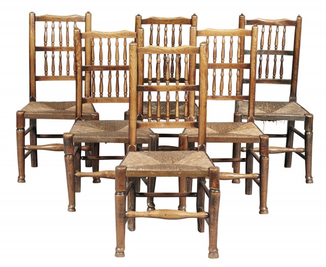 Assembled Set of Six Lancashire Ash Ladderback Rush Seat Chairs