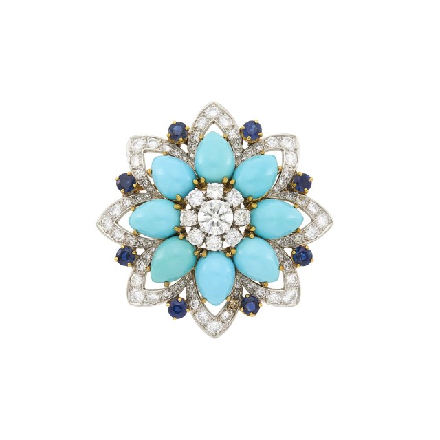 Gold, Platinum, Turquoise, Diamond and Sapphire Flower Brooch