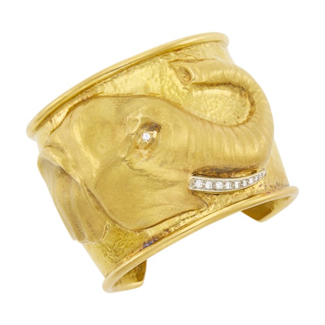 Hammered Gold and Diamond Elephant Cuff Bangle Bracelet