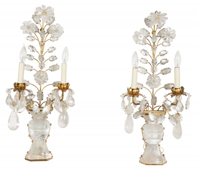 Pair of Baguès Style Gilt-Metal and Rock Crystal Two-Light Wall Sconces