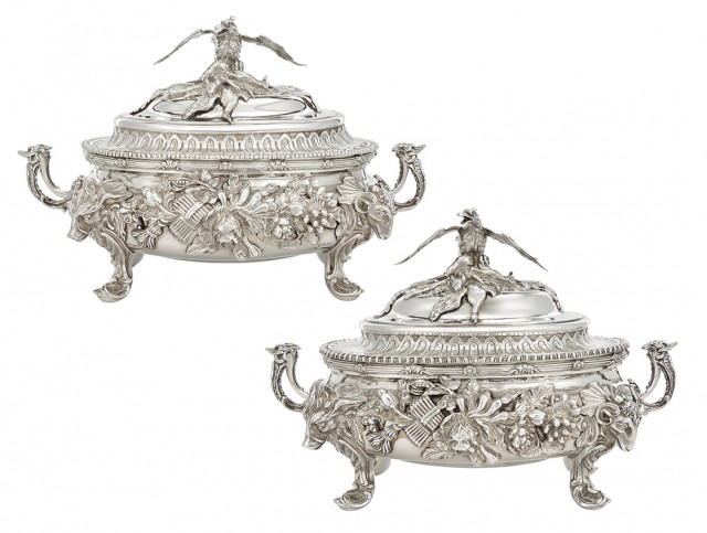 Assembled Pair of George II/III Sterling Silver Covered Soup Tureens, William Cripps, London, 1757, John Parker and Edward Wakelin, London, 1770 