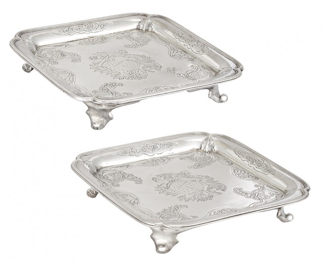 Pair of George II Sterling Silver Waiters, Paul de Lamerie, London, 1736 