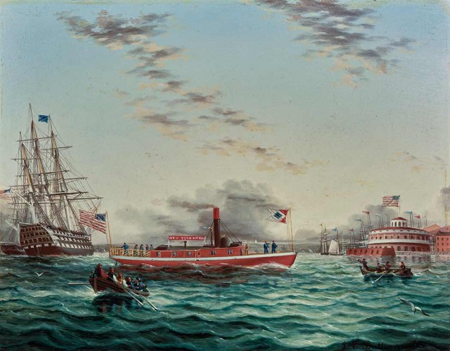 James Edward Buttersworth, New York Harbor with Castle Clinton, a Pilot Ship and a Frigate