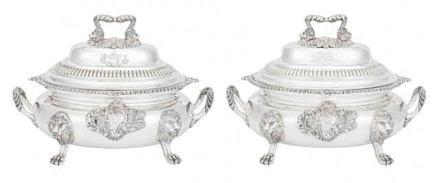 Pair of George IV Irish Sterling Silver Covered Soup Tureens 