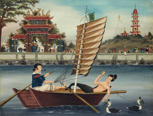 Ralph Eugene Cahoon, Jr., A Mermaid and a Sailor on a Junk in China. Auction Apr 5.