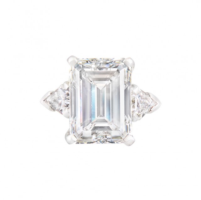 Gumbiner Platinum and Diamond Ring, Emerald-cut diamond approx. 7.80 cts., F color, VS1 clarity.