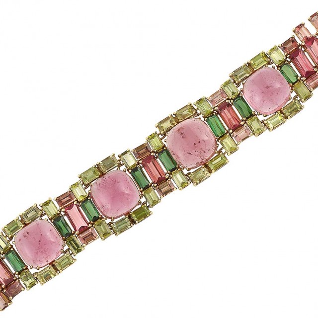 Gold, Cabochon Pink Tourmaline, Peridot, Tourmaline and Pink Tourmaline Bracelet, Tony Duquette         