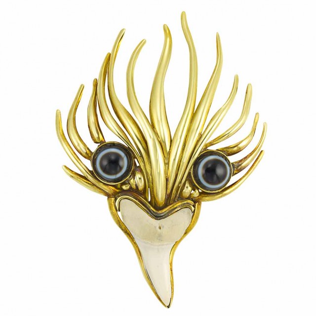 Gold, Bull's Eye Agate and White Hardstone Cockatoo Brooch, Tony Duquette            