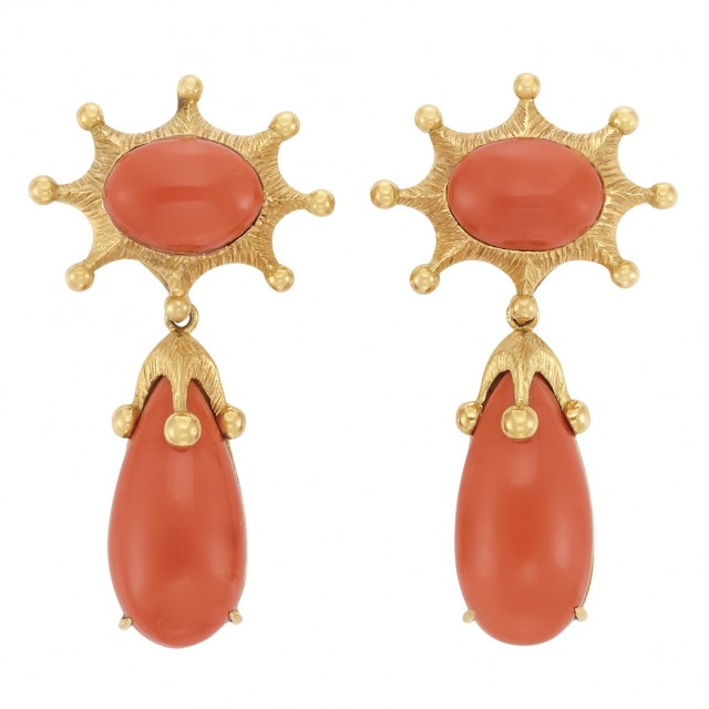 Pair of Gold and Coral Pendant-Earclips, Tony Duquette        