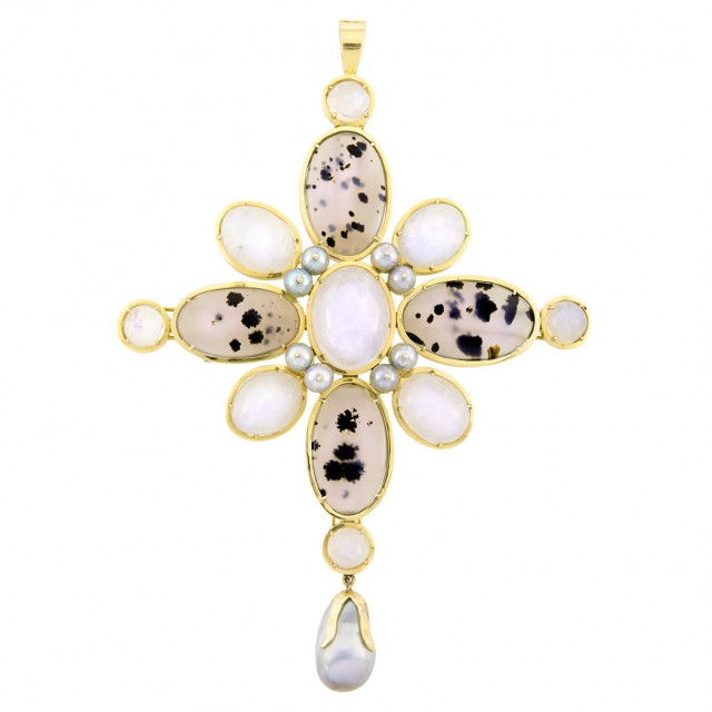 Gold, Labradorite, Cultured Pearl and Moss Agate Pendant-Brooch, Tony Duquette     