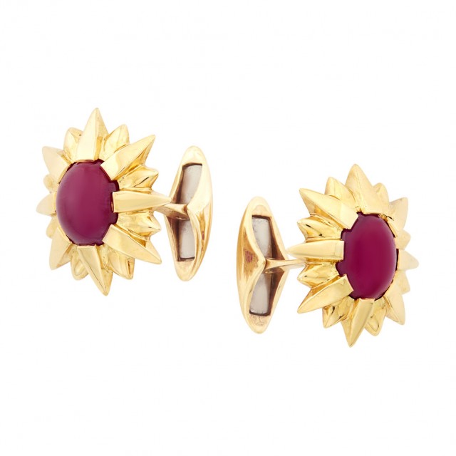 Pair of Gold and Cabochon Ruby Cufflinks, Tony Duquette 