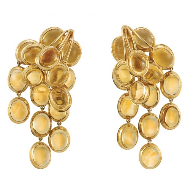 Pair of Gold and Cabochon Citrine Fringe Pendant-Earclips, Tony Duquette  