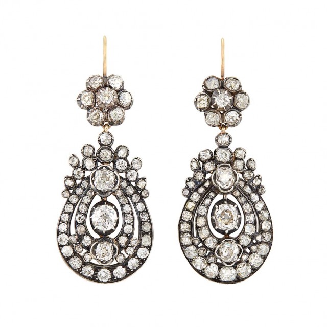 Antique Silver-Topped Gold and Diamond Pendant Earrings. Est. $8,000-12,000. Auction May 22. Beverly Hills