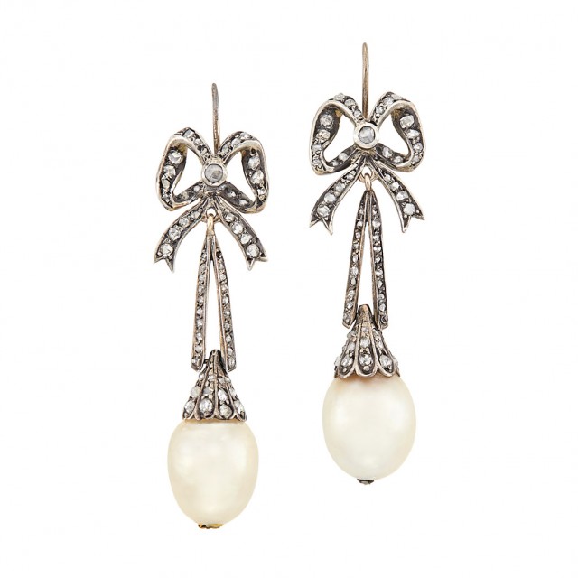 Antique Silver-Topped Gold, Diamond and Natural Pearl Pendant Earrings. Est. $2,500-3,500. Auction May 22. Beverly Hills          