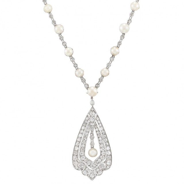 Art Deco Platinum, Diamond and Pearl Lavaliere Pendant Necklace. Est. $3,000-5,000. Auction May 22. Beverly Hills
