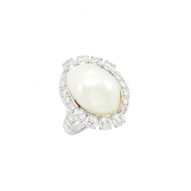 Platinum, Cultured Pearl and Diamond Ring, Ruser. Est. $1,500-2,500. Auction May 22. Beverly Hills