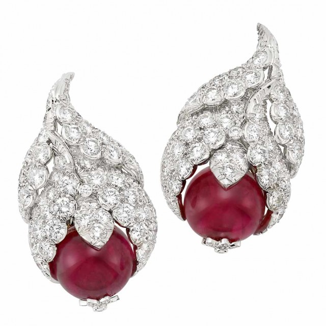 Pair of Platinum, Red Spinel Bead and Diamond Earclips, David Webb     