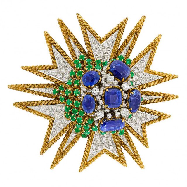 Gold, Platinum, Sapphire, Diamond and Emerald Clip-Brooch, David Webb  