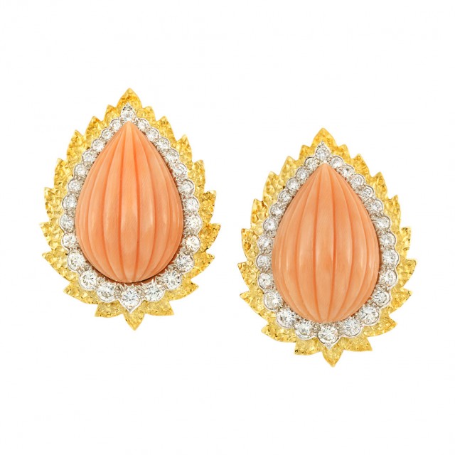 Pair of Gold, Platinum, Carved Coral and Diamond Earclips, David Webb   
